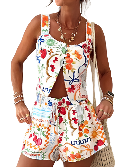 Conjunto Bohemio Boho Chic de Top con Tirantes Estampado y Espalda Descubierta con Short con Cordones