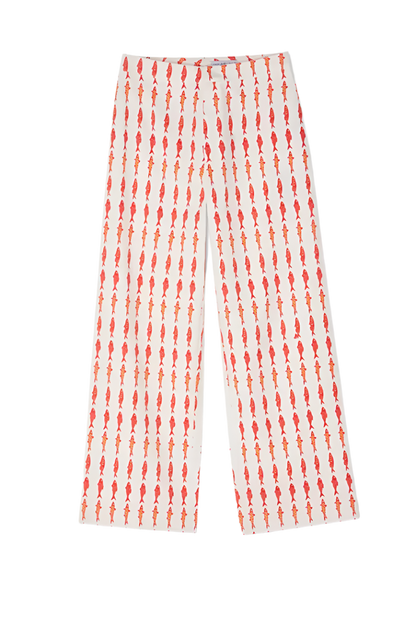 Outfit 2-piece set of red fish print round neck sleeveless top with wide-leg straight long pants