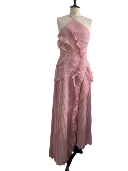 Women's Long Pleated Dress with Halter Neckline in Purple Maxi Style 