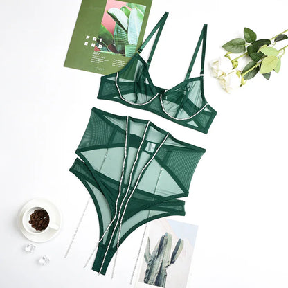 Set Conjunto de lencería con pedrería y Encaje transparente y cinturilla