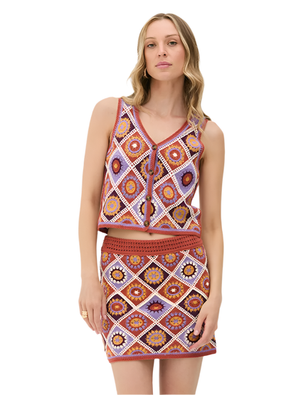 Women's 2-piece bohemian set with V-neck strap top and high-waisted colorful knitted mini skirt