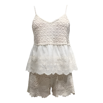 Women's 2-piece set, strappy knit bra top and openwork boho chic wide-leg shorts
