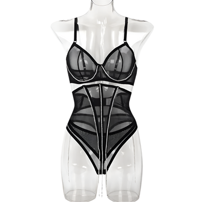 Set Conjunto de lencería con pedrería y Encaje transparente y cinturilla