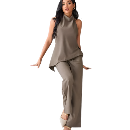 Satin Outfit Set with Asymmetrical Halter Top and High Waist Lace-Up Pants