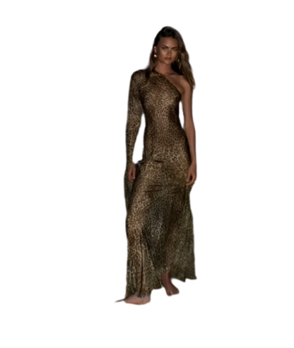 Vestido Largo de Un Solo Hombro con Estampado de Leopardo y Espalda Descubierta