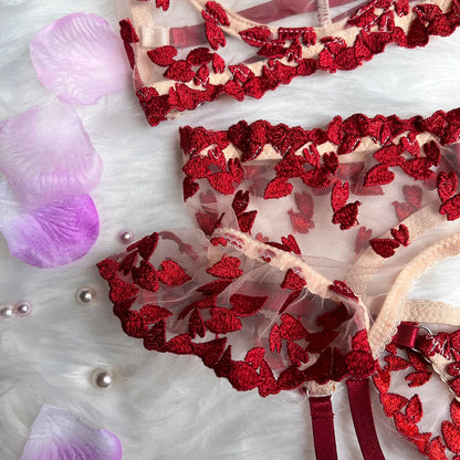 4 Piece Lace and Embroidery Lingerie Set with Ruffles