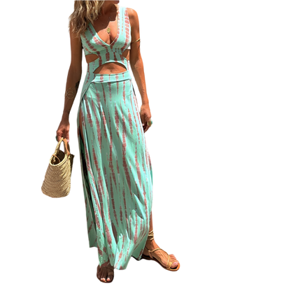 Vestido de verano con escote en V y estampado de corte entallado y abertura lateral de estilo casual