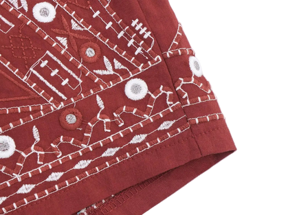 Boho Chic Outfit Set of Red Embroidered Sleeveless Vest and Wide Leg Shorts