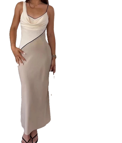 Elegant sleeveless midi dress with draped neck straps in patchwork design