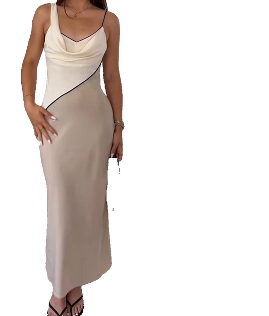 Vestido midi elegante sin mangas con tirantes de cuello drapeado de diseño patchwork