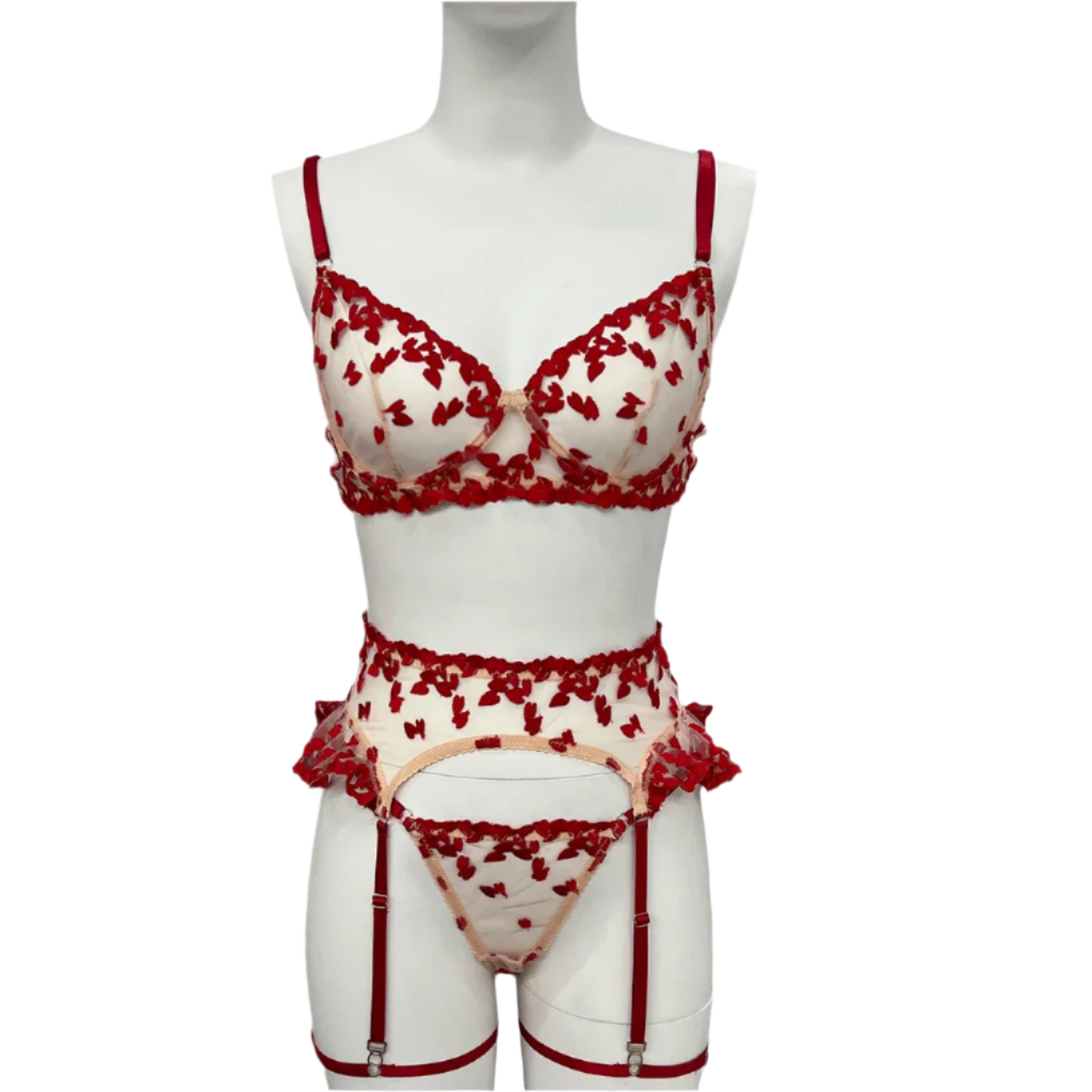 4 Piece Lace and Embroidery Lingerie Set with Ruffles