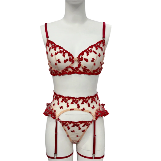 4 Piece Lace and Embroidery Lingerie Set with Ruffles