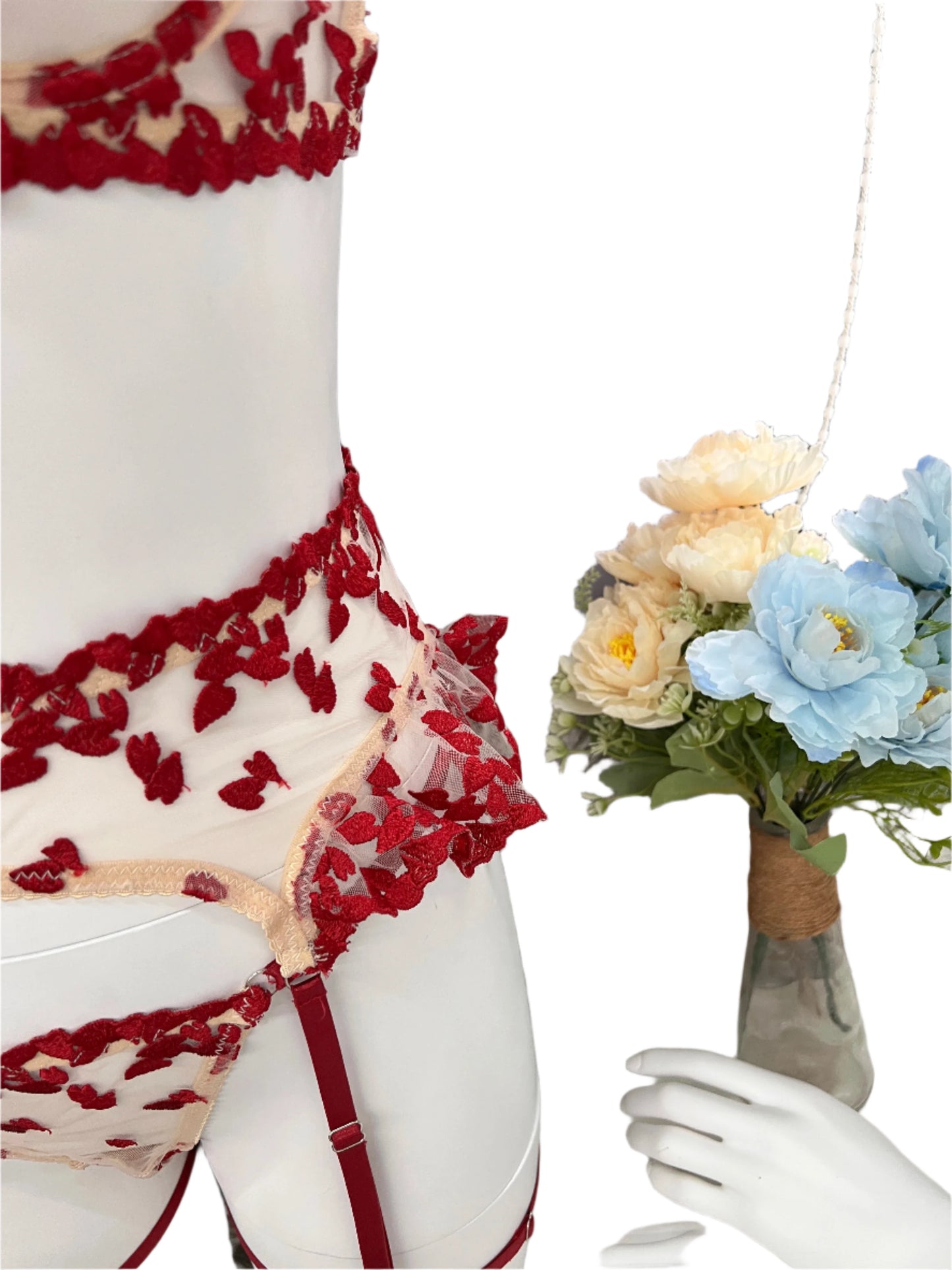 4 Piece Lace and Embroidery Lingerie Set with Ruffles
