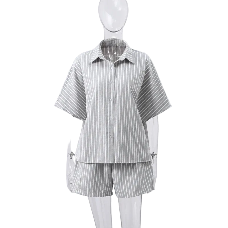 Striped Casual Set with Button-Down Short-Sleeve Lapel Shirt and Wide-Leg Shorts