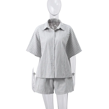Striped Casual Set with Button-Down Short-Sleeve Lapel Shirt and Wide-Leg Shorts