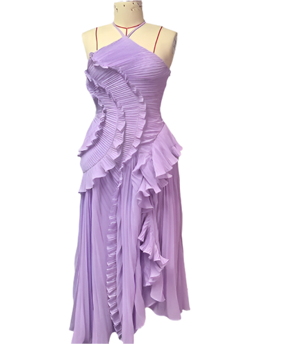 Women's Long Pleated Dress with Halter Neckline in Purple Maxi Style 