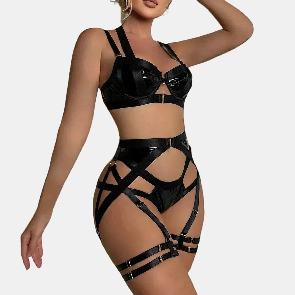 Conjunto de lencería de 4 piezas con tiras cruzadas y diseño moldeador