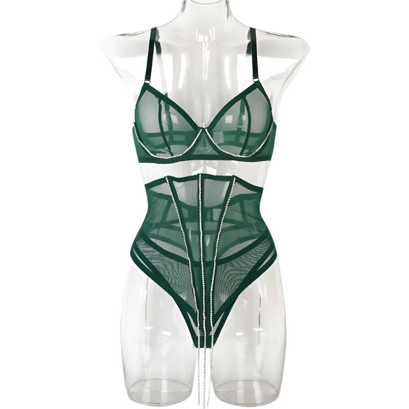 Set Conjunto de lencería con pedrería y Encaje transparente y cinturilla
