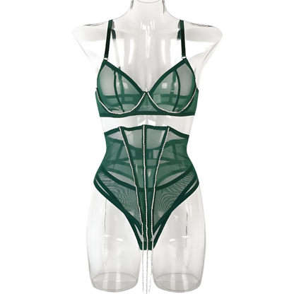 Set Conjunto de lencería con pedrería y Encaje transparente y cinturilla