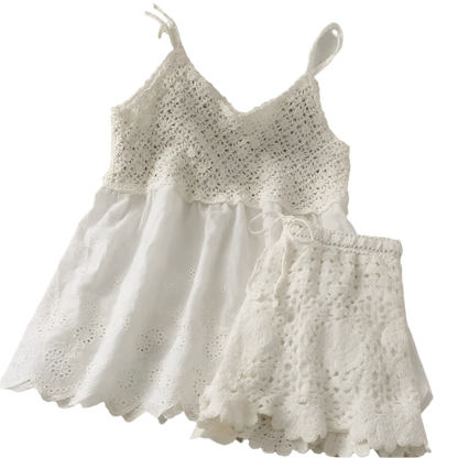 Women's 2-piece set, strappy knit bra top and openwork boho chic wide-leg shorts