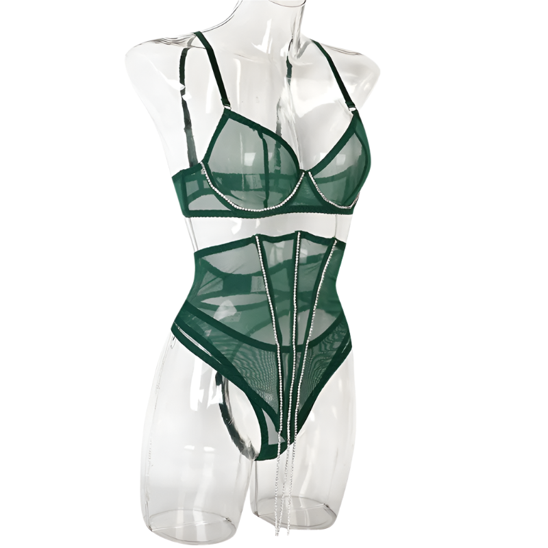 Set Conjunto de lencería con pedrería y Encaje transparente y cinturilla