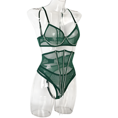 Set Conjunto de lencería con pedrería y Encaje transparente y cinturilla