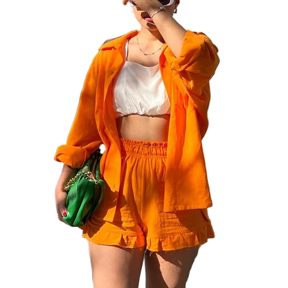 Outfit Conjunto de Camisa manga larga con solapa y short de tiro alto con cordón