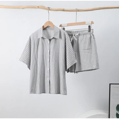 Striped Casual Set with Button-Down Short-Sleeve Lapel Shirt and Wide-Leg Shorts