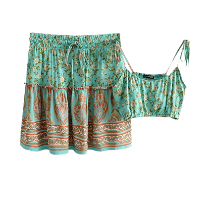 Boho Chic Outfit Set of Green Sleeveless Top with Floral Print and Mini Skirt with High Elastic Waist