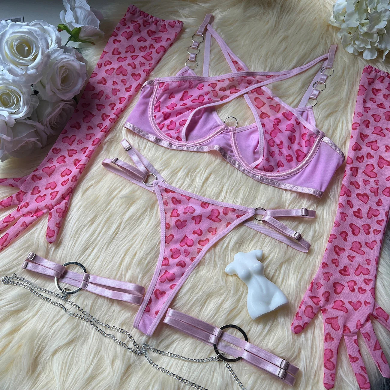 Leopard Print Push Up Bra Lingerie Set, Sheer Lace Trim, Includes Gloves and Stockings 