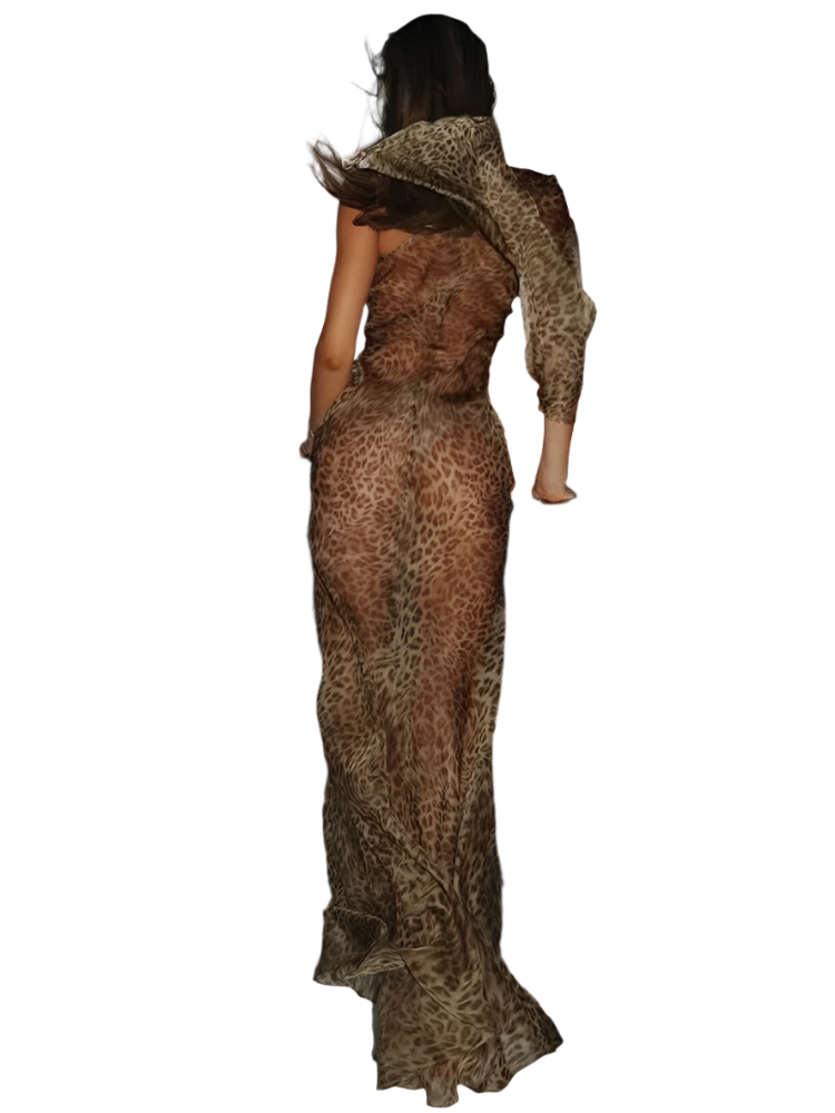 Vestido Largo de Un Solo Hombro con Estampado de Leopardo y Espalda Descubierta
