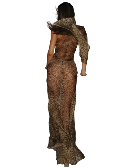 Vestido Largo de Un Solo Hombro con Estampado de Leopardo y Espalda Descubierta