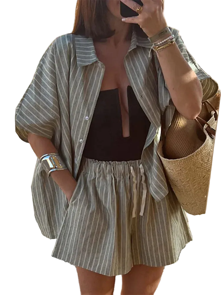 Striped Casual Set with Button-Down Short-Sleeve Lapel Shirt and Wide-Leg Shorts