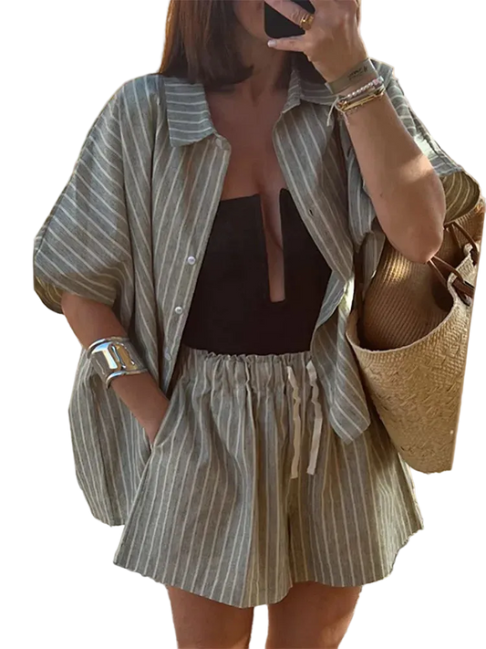 Conjunto Casual para Mujer de Rayas con Camisa de Solapa y Manga Corta, Cierre de Botones y Shorts de Pierna Ancha