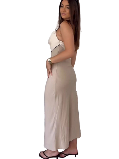 Elegant sleeveless midi dress with draped neck straps in patchwork design