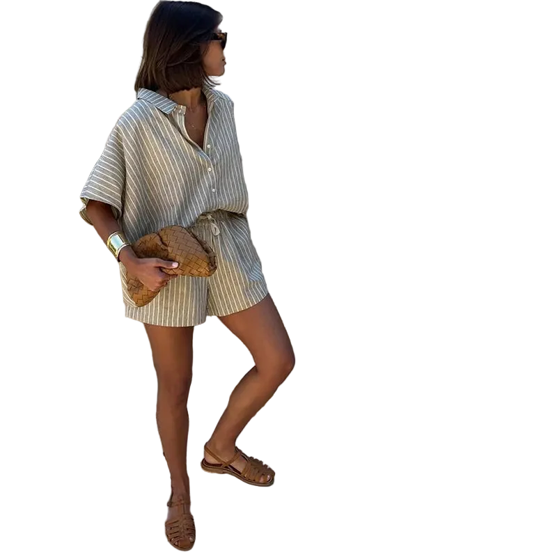 Striped Casual Set with Button-Down Short-Sleeve Lapel Shirt and Wide-Leg Shorts