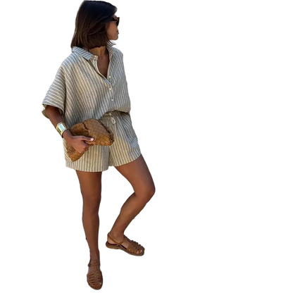 Striped Casual Set with Button-Down Short-Sleeve Lapel Shirt and Wide-Leg Shorts
