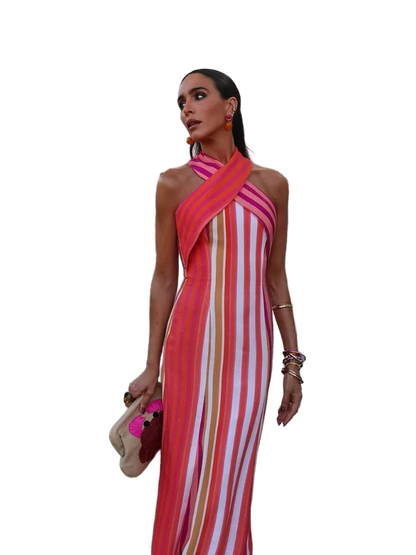 Halter Neck Striped Print Long Dress Off Shoulder Crisscross Backless Bodycon Dress