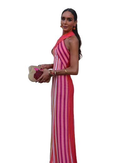 Halter Neck Striped Print Long Dress Off Shoulder Crisscross Backless Bodycon Dress