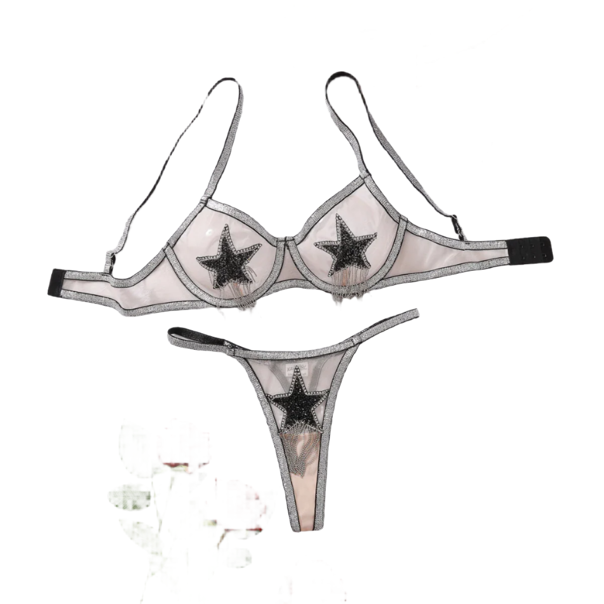 Women's lingerie set with a transparent star design in silver-colored micro-garment