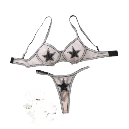 Women's lingerie set with a transparent star design in silver-colored micro-garment