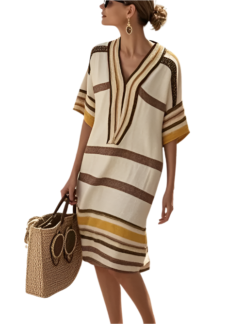 Striped print dress with a V-neckline in polyester and a relaxed waist