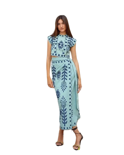 Outfit Conjunto bohemio vintage de 2 piezas con top corto bordado con hombreras y falda con cordones y estampado floral