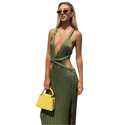 Boho Chic V-neck knitted long beach dress with fitted waist and side slit