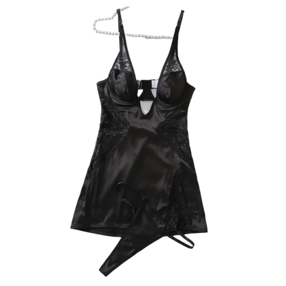 Lingerie Nightgown Deep V-neck satin dress with decorative lace and side slit