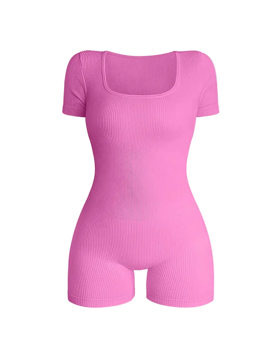 Bodysuit Jumpsuit Corto Ajustado de Cuello Redondo y Manga Corta