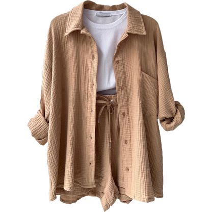 Outfit Conjunto de Camisa manga larga con solapa y short de tiro alto con cordón