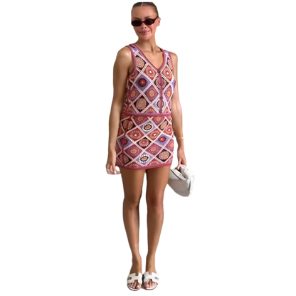 Women's 2-piece bohemian set with V-neck strap top and high-waisted colorful knitted mini skirt