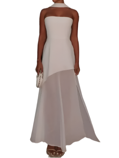 Women's Elegant Strapless Mesh Bow Patchwork Long Dress 