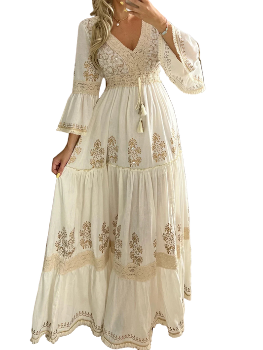 Vestido largo bohemio boho chic con encaje de diseño calado suelto